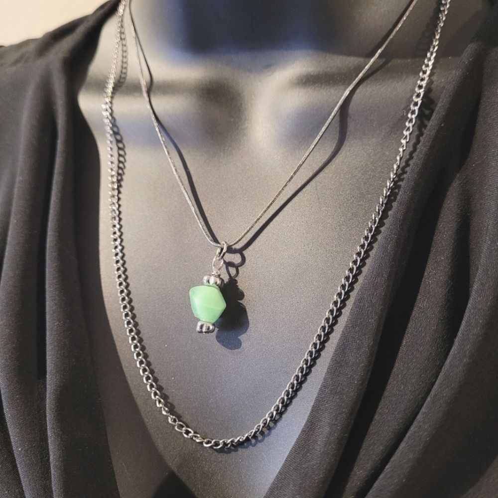 Double layer stainless steel necklace in gun metal grey, faceted jade pendant
